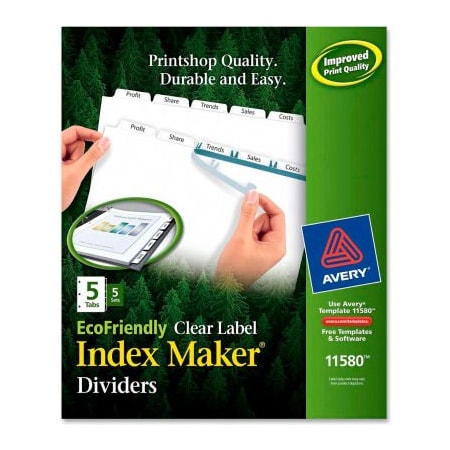 Avery Dennison Avery Eco-friendly Index Divider, Print-on, 8.5"x11", 5 Tabs, 5 Sets, White/White 11580